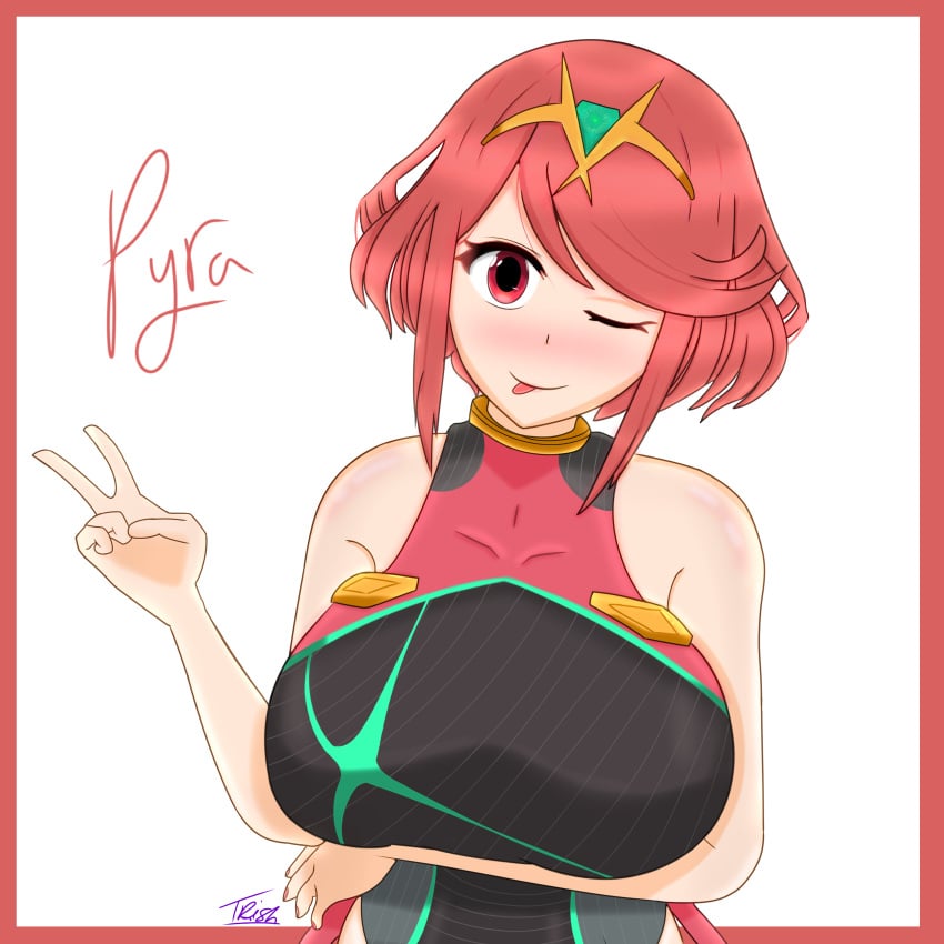 arm_under_breasts blush blush crown gothtrishy huge_breasts looking_at_viewer peace_sign plain_background pyra pyra_(xenoblade) red_eyes red_hair shiny_hair shiny_skin short_hair smile smiling smiling_at_viewer tight_clothing tongue tongue_out wink winking_at_viewer xenoblade_(series) xenoblade_chronicles_2