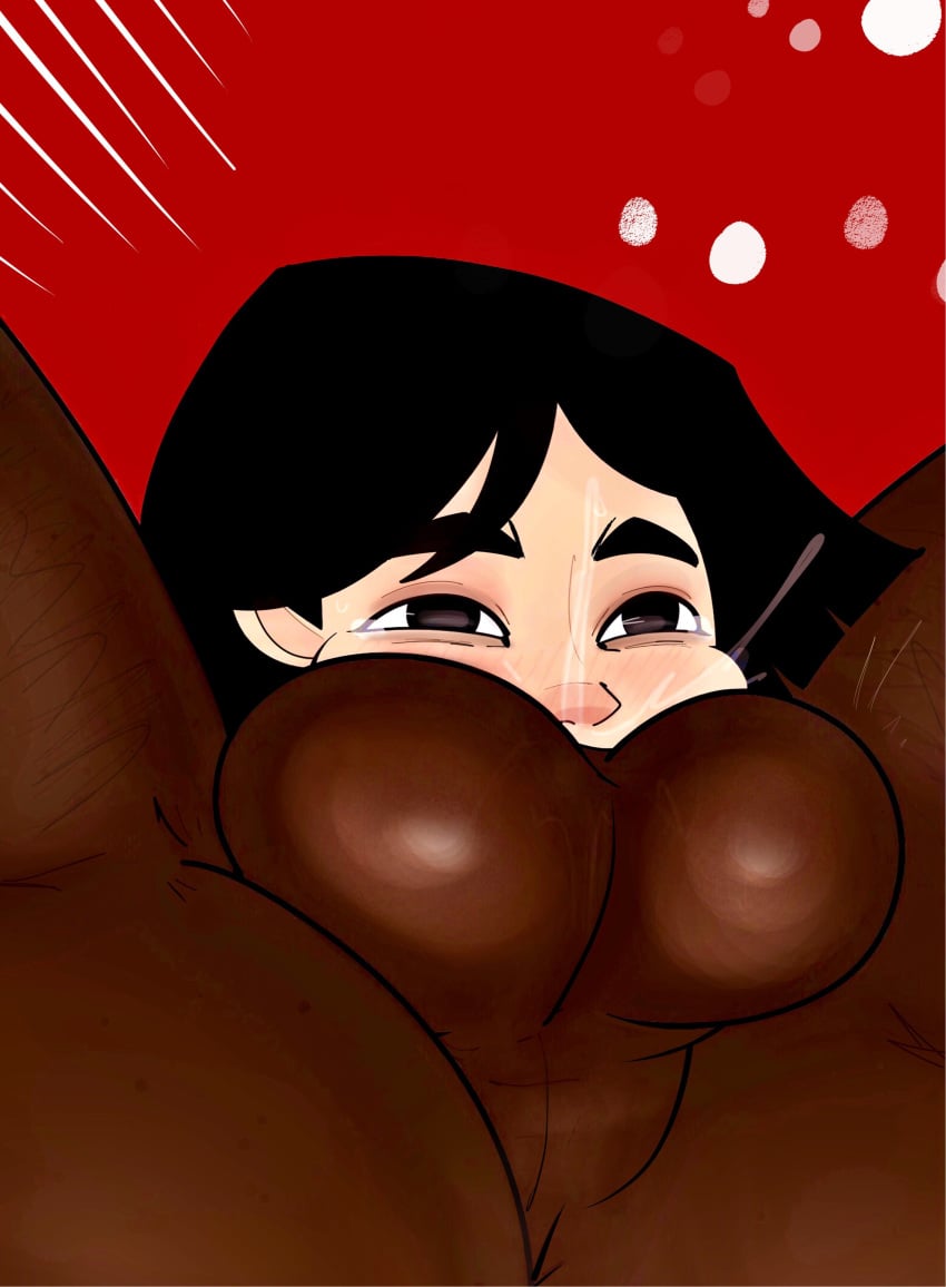 1boy1girl asian asian_female backsack balls balls_deep balls_on_face ballsack big_balls black_hair blowjob blush dark-skinned_male dark_skin deep_penetration deepthroat digital_media_(artwork) disney disney_princess fa_mulan face_fucking facesitting femsub forced forced_oral interracial large_balls mulan mulan_(1998_film) oral pale-skinned_female rape shellzzz testicles