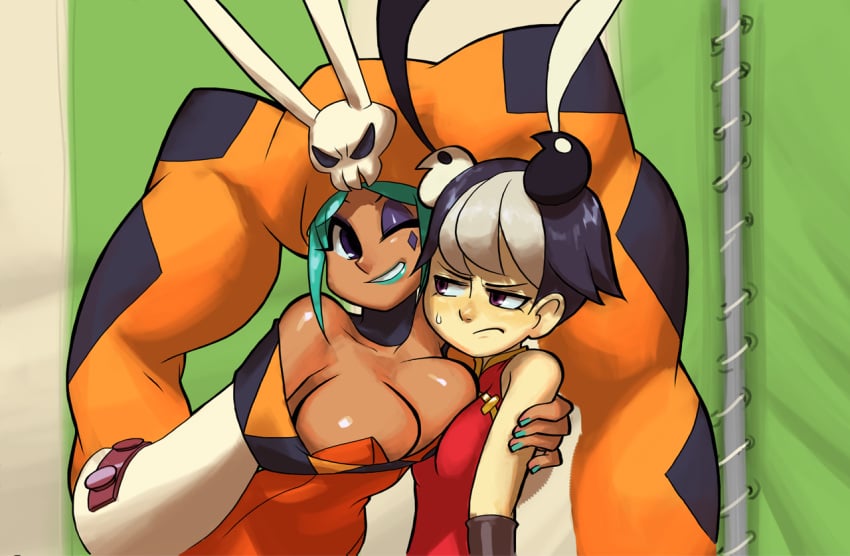 2girls annoyed big_breasts breast_envy breast_size_difference breast_squish breasts cerebella docking female feng_(skullgirls) official_art skullgirls small_breasts smiling