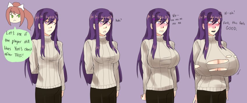 alternate_breast_size background big_breasts breast_expansion breasts breasts_bigger_than_head cleavage doki_doki_literature_club english_text expansion green_eyes huge_breasts long_hair monika_(doki_doki_literature_club) purple_background purple_eyes purple_hair riverpl9 riverplane simple_background text yuri_(doki_doki_literature_club)