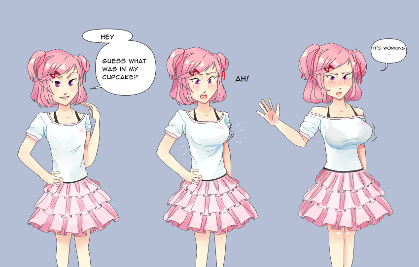 1female 1girls 5_fingers alternate_breast_size bare_shoulders black_bra blush blushing boobs bra breast_expansion breast_growth breasts clothes clothing doki_doki_literature_club english_text expansion fang female frilly frilly_clothing frilly_skirt girl huge_breasts lips motion_lines mouth_open natsuki_(doki_doki_literature_club) oerba_yun_fang open_mouth pink_eyebrows pink_eyes pink_hair pink_lips pink_skirt riverpl9 riverplane self_drugging skirt small_breasts smaller_breasts speech_bubble text text_bubble