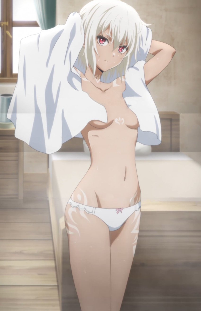 bed boushoku_no_berserk drying drying_hair ecchi female female_only looking_at_viewer markings myne_(berserk_of_gluttony) no_pants no_shirt panties petite petite_body petite_breasts petite_female red_eyes short_hair small_breasts standing tan_body tanned tanned_female tanned_girl tanned_skin tattoos topless topless_female towel towel_on_shoulder white_hair white_panties white_towel window