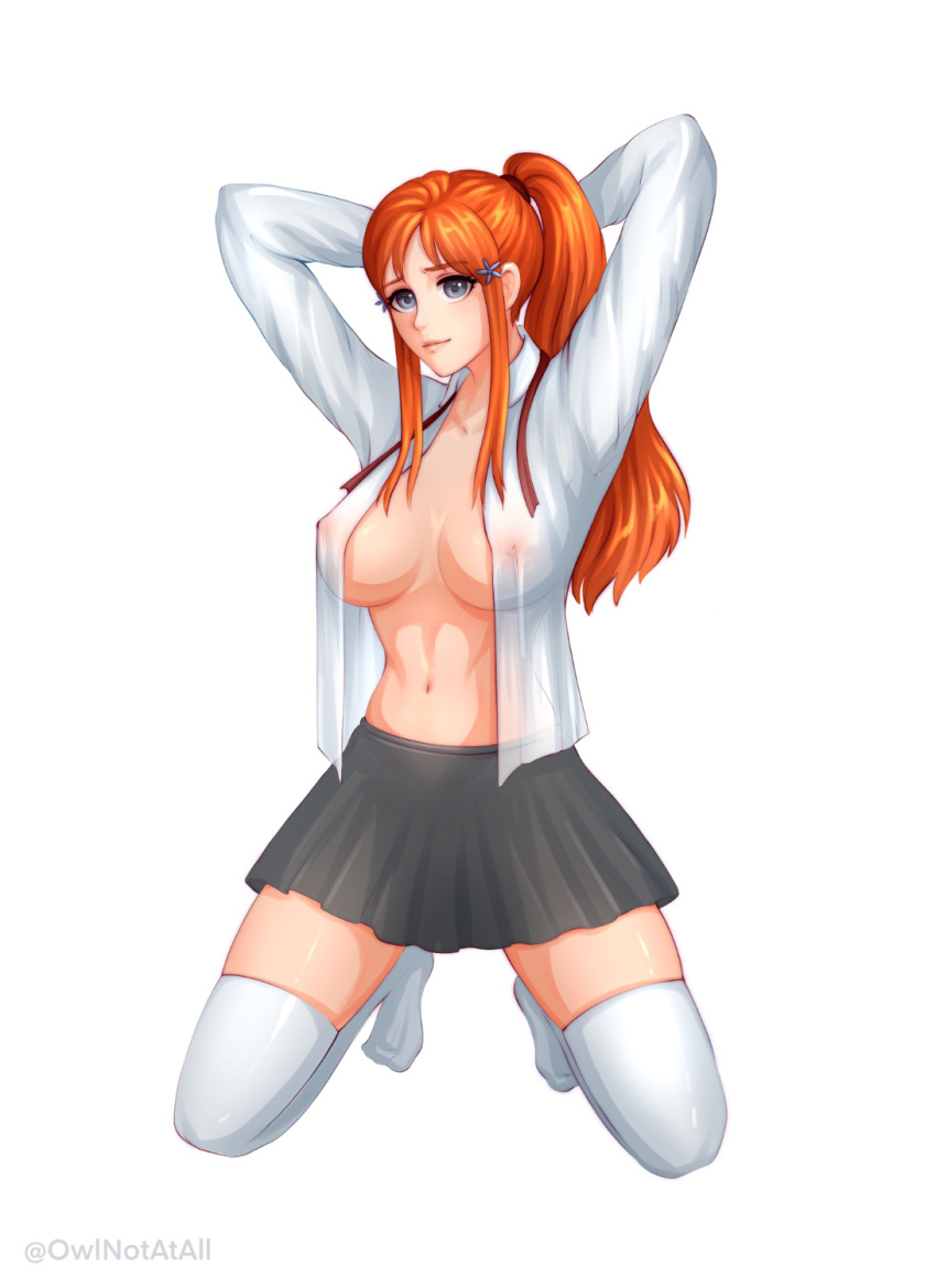 1girls arms_up bleach breasts female grey_eyes hairclip inoue_orihime kneeling looking_at_viewer miniskirt navel nipples open_clothes open_shirt orange_hair owlnotatall ponytail school_uniform see-through sidelocks simple_background skirt smile solo thighhighs white_background white_legwear