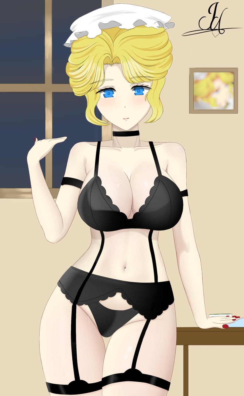 big_breasts big_thighs black_lingerie blonde_fur blonde_hair blonde_hair_female blue_eyes blush breasts clothes_lift female georgehz girly lingerie maid maid_outfit maria maria_(victoria_maid_maria_no_hoshi) maria_(victorian_maid_maria_no_houshi) milf short_hair thighhighs underwear_sex victoria_maid_maria_no_hoshi victorian_maid_maria_no_houshi