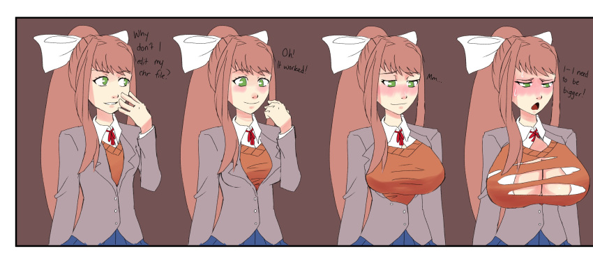 1female 1girls alternate_breast_size big_breasts blue_skirt blush blushing boobs bow breast_expansion breasts clothes clothing doki_doki_literature_club english_text expansion female girl green_eyes hair_bow hairbow huge_breasts long_hair monika_(doki_doki_literature_club) mouth_open open_mouth red_face red_faced riverpl9 riverplane skirt text white_bow white_hair_bow