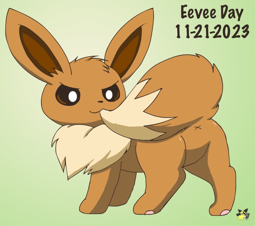 2023 ambiguous_gender anus anus_only artist_logo ass bite biting_own_tail brown_body brown_fur dated eevee eevee_day feral fur generation_1_pokemon green_background hi_res logo looking_at_viewer looking_back looking_back_at_viewer multicolored_body multicolored_fur nintendo pichu90 pokemon pokemon_(species) presenting presenting_anus presenting_hindquarters simple_background solo tail tail_bite tail_in_mouth two_tone_body two_tone_fur x_anus