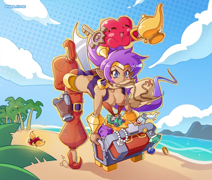 bare_shoulders blush bracer breasts breasts_out chest circlet earrings female female_only high_ponytail highres hoop_earrings jewelry long_hair looking_at_viewer medium_breasts nipples oddla pointy_ears ponytail purple_hair shantae shantae_(character) shiny shiny_skin solo standing standing_on_one_leg treasure_chest very_long_hair