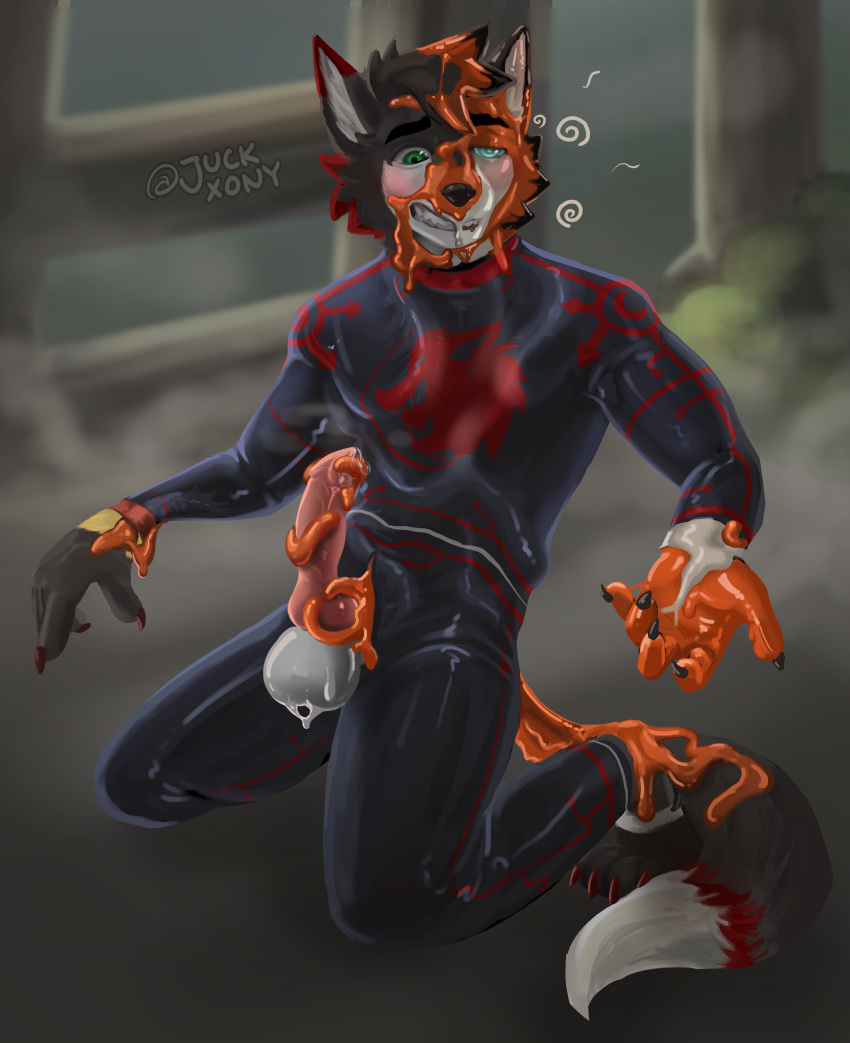 absurd_res anthro anthro_on_anthro aroused bodily_fluids canid canine claws clenched_teeth clothing full-length_portrait fur genital_fluids genitals goo_dripping goo_on_face goo_on_feet goo_on_penis goo_on_tail goo_tentacles hi_res hypnosis juckxony kite_(kitedafennec) kneeling male male/male mammal mind_control orange_goo penis portrait precum rubber_clothing rubber_suit slime suit takeover teeth tentacle