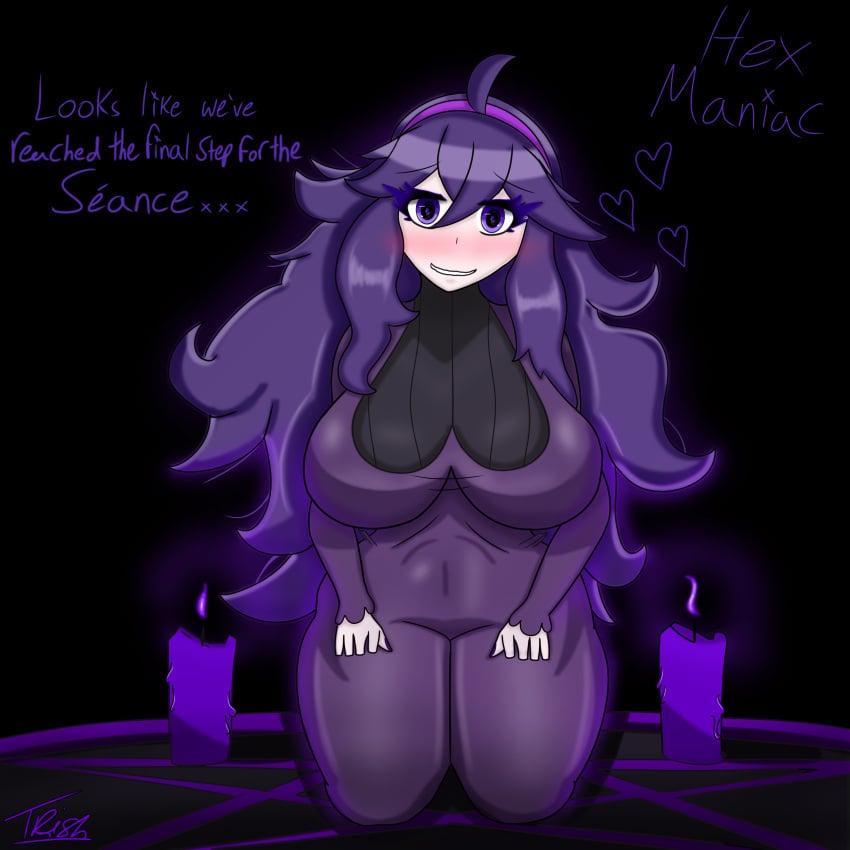 black_background blush candle gothtrishy hex_maniac huge_breasts light-skinned_female light_skin long_hair long_sleeves looking_at_viewer nail_polish nervous nervous_smile pale-skinned_female pale_skin pokemon pokemon_xy purple_eyes purple_hair purple_nails ritual shiny_hair shy sitting sitting_on_floor text thick_thighs tight_clothing