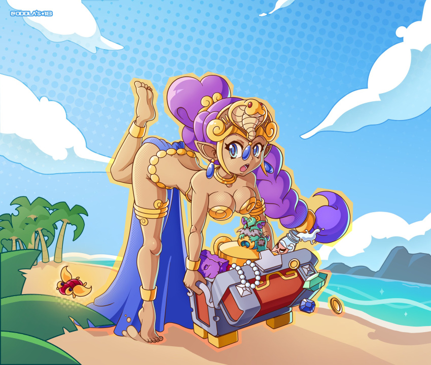 bare_shoulders blush bracer breasts chest circlet earrings female female_only high_ponytail highres jewelry long_hair looking_at_viewer medium_breasts oddla pointy_ears ponytail purple_hair shantae shantae_(character) shiny shiny_skin solo standing standing_on_one_leg treasure_chest very_long_hair