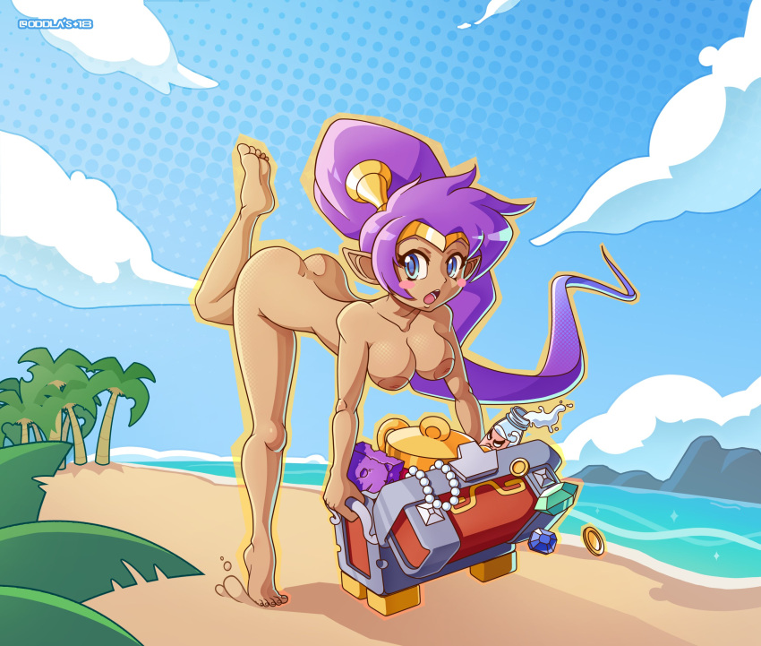 bare_shoulders blush bracer breasts chest circlet female female_only high_ponytail highres jewelry long_hair looking_at_viewer medium_breasts nipples nude oddla pointy_ears ponytail purple_hair shantae shantae_(character) shiny shiny_skin solo standing standing_on_one_leg treasure_chest very_long_hair