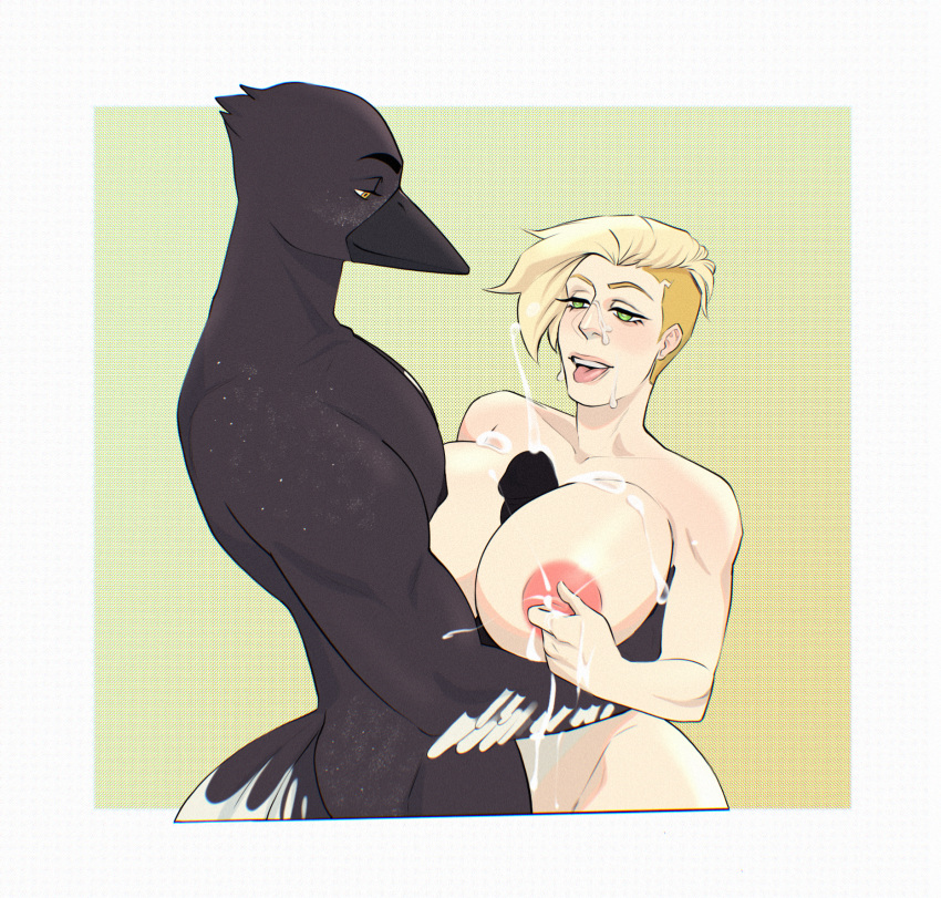 4_fingers amber_eyes anthro avian beak big_breasts bird black_beak black_body black_eyebrows black_penis blonde_eyebrows blonde_hair bodily_fluids border breast_play breasts corvid corvus_(genus) crow cum cum_on_breasts duo eyebrows feathers female fingers genital_fluids genitals glooum green_background green_eyes hair hi_res human lactating male male/female mammal nipples oscine paizuri passerine penis pink_nipples sex simple_background tail_feathers titfuck titjob white_border