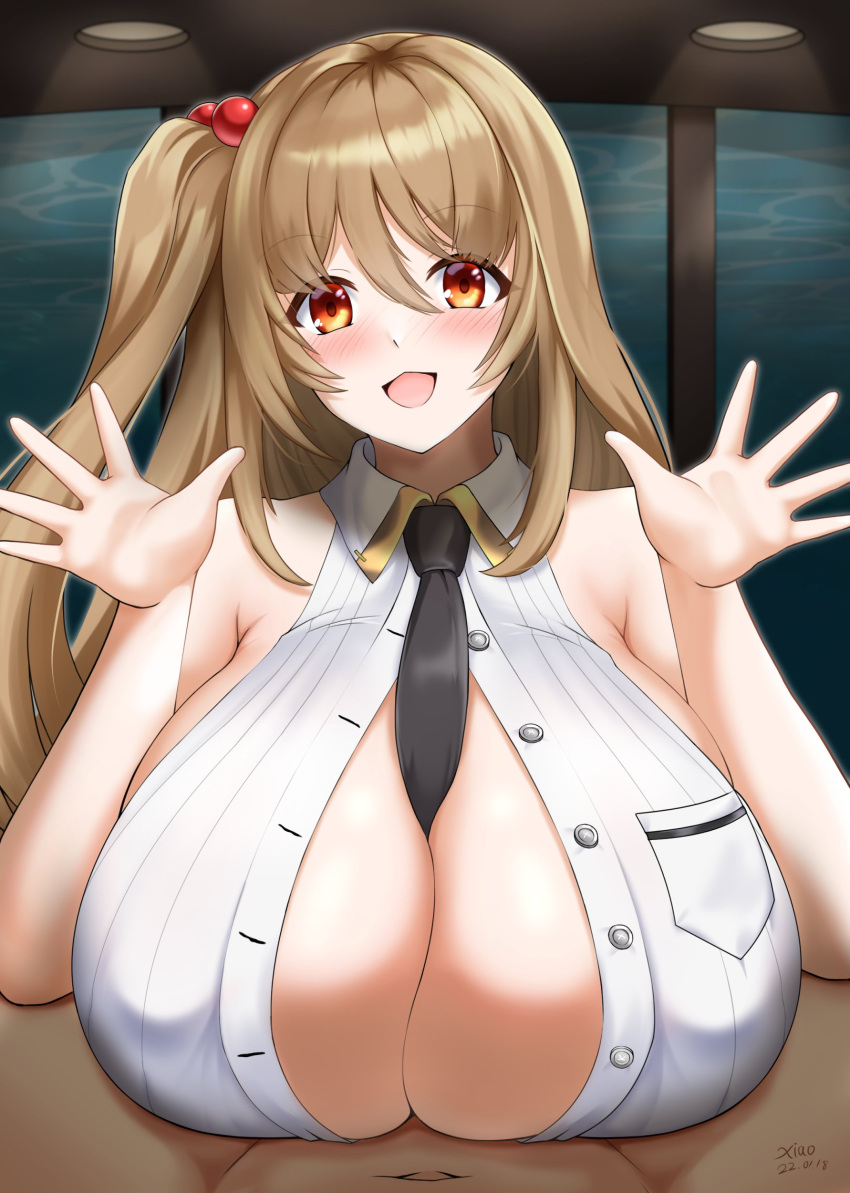 1boy 1girls artist_name black_necktie blonde_hair blush breasts cleavage dark-skinned_male dark_skin engulfing_paizuri eyebrows_visible_through_hair huge_breasts indoors last_origin light-skinned_female light_skin male_pov necktie necktie_between_breasts open_mouth orange_eyes paizuri ponytail pov salacia_(last_origin) shirt side_ponytail unbuttoned unbuttoned_shirt xiaor180