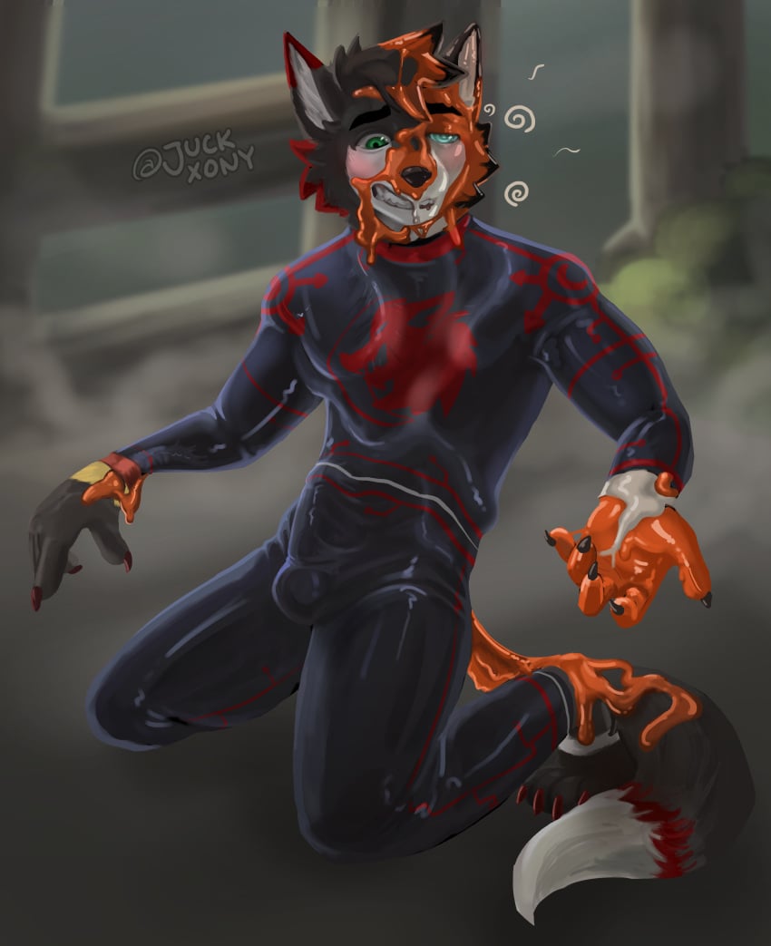 absurd_res anthro anthro_on_anthro aroused bulge canid canine claws clenched_teeth clothing full-length_portrait fur goo_dripping goo_on_face goo_on_feet goo_on_tail goo_tentacles hi_res hypnosis juckxony kite_(kitedafennec) male male/male mammal mind_control orange_goo portrait rubber_clothing rubber_suit slime suit takeover teeth tentacle