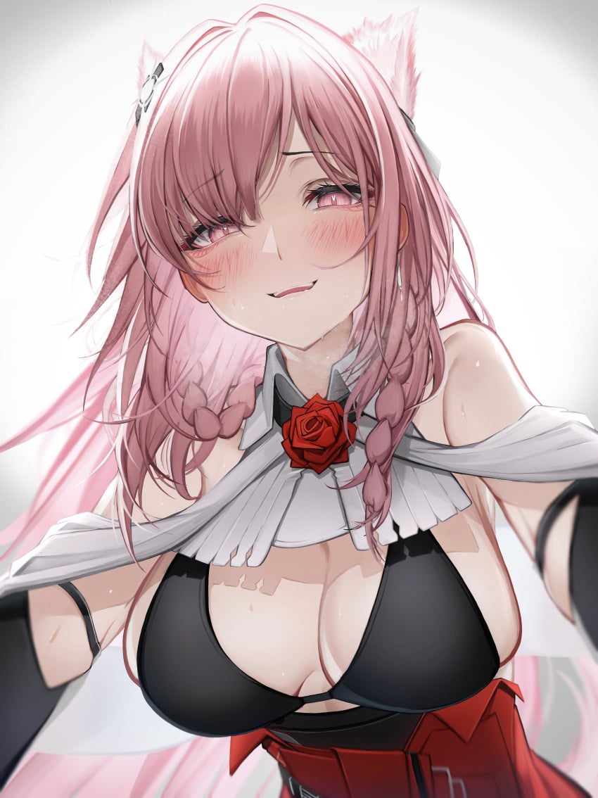 1girls 2023 arknights big_breasts blush heavy_breathing hi_res horny light-skinned_female light_skin looking_at_viewer pink_eyes pink_hair pozyomka_(arknights) seductive seductive_look simple_background smile solo tab_head wolf_ears wolf_girl