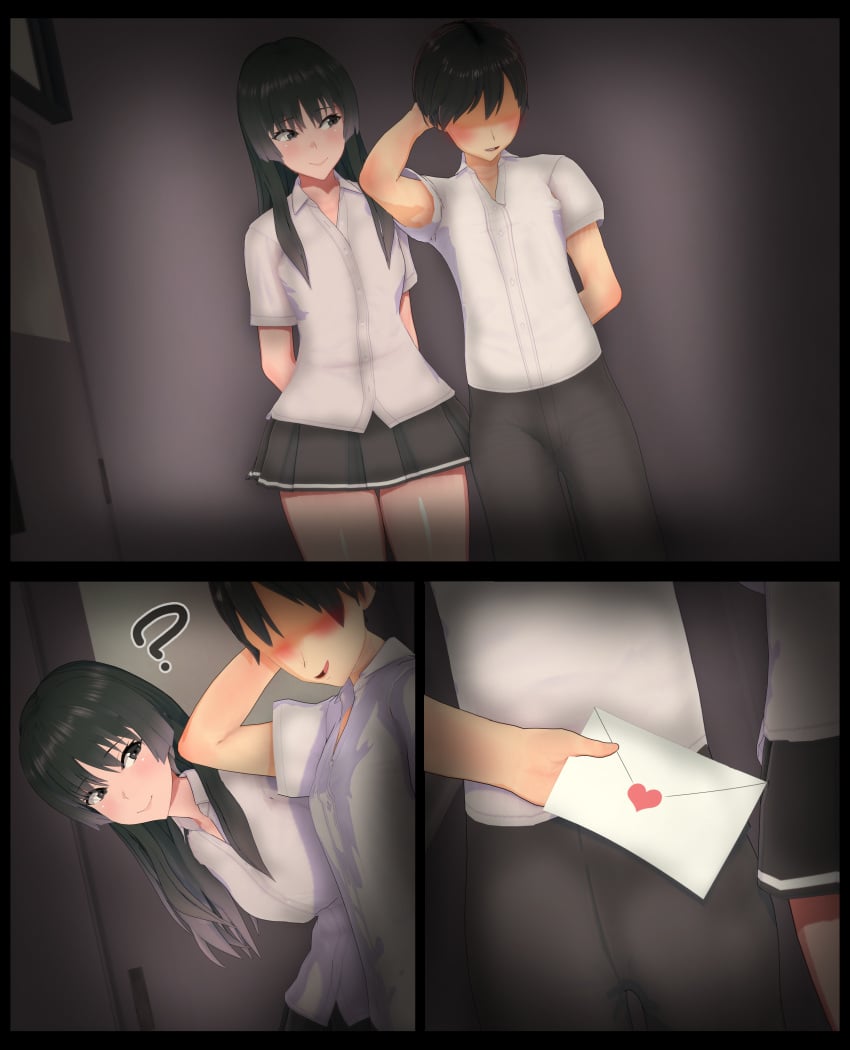 1boy 1girls 2023 3d 3koma :d ? absurd_res absurdres background_character black_eyes black_hair clueless comic faceless faceless_male female heart hi_res high_resolution highres letter love_letter male open-mouth_smile open_mouth original school_uniform smile vyrus_smith