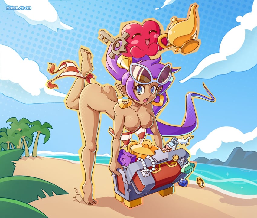 bare_shoulders bikini blush bracer breasts chest circlet earrings female female_only high_ponytail highres hoop_earrings jewelry long_hair looking_at_viewer medium_breasts nipples oddla pointy_ears ponytail purple_hair shantae shantae_(character) shiny shiny_skin solo standing standing_on_one_leg treasure_chest very_long_hair wardrobe_malfunction