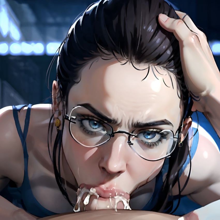 1boy 1girls ai_generated angry angry_face arbitrary black_hair blowjob blue_eyes cum cum_in_mouth cum_in_throat cute death_stranding deepthroat eye_contact fellatio female female_focus forced_oral gag gagging glasses hand_on_head hi_res looking_at_viewer målingen mama_(death_stranding) margaret_qualley oral oral_creampie penis_in_mouth petite ponytail pov pov_eye_contact skinny slim stable_diffusion tank_top throatpie tight_throat