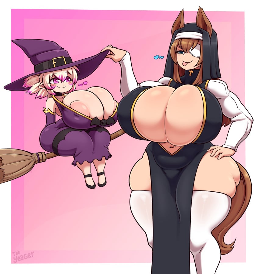 2girls big_thighs broom clothed horse_girl huge_breasts multiple_girls nun shortstack size_difference tagme teasing the_yeager witch