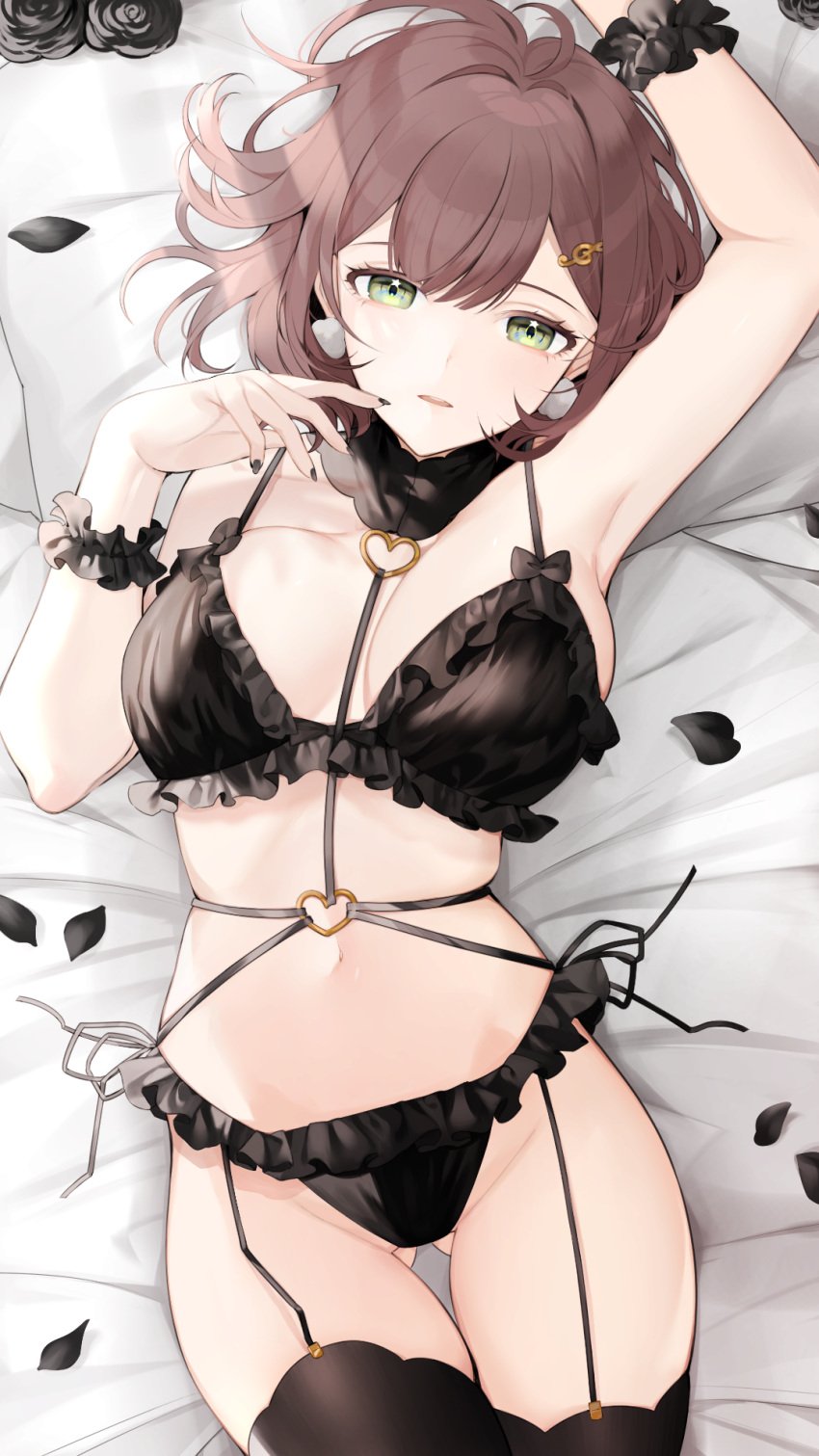 black_bra black_nails black_panties bra breasts brown_hair cleavage commentary commission earrings english_commentary female finger_to_cheek fortissimo gluteal_fold green_eyes hair_ornament head_tilt highres jewelry koyo_akio lingerie looking_at_viewer lying medium_hair miori_celesta musical_note musical_note_hair_ornament nail_polish navel on_bed panties parted_lips second-party_source skeb_commission solo thighhighs treble_clef tsunderia underwear underwear_only virtual_youtuber