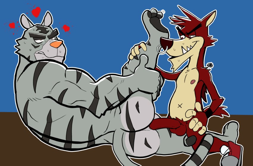 2boys 5_fingers anal anal_sex anthro anthro_on_anthro anthro_penetrated anthro_penetrating anthro_penetrating_anthro ass atlus balls bara biceps big_butt big_muscles black_body black_fur black_stripes blush blush_lines bodily_fluids bracelet canid canine canis claws clenched_teeth clothing decker_(go!_go!_hypergrind) duo eyebrows facial_piercing feet felid feline fingers footwear from_front_position fur genitals go!_go!_hypergrind grey_body grey_fur heart hi_res holding_leg humanoid_genitalia humanoid_penis hunter-husky jewelry larger_male larger_penetrated leg_grab looking_at_butt looking_down looking_pleasured looking_up male male/male male_only male_penetrated male_penetrating male_penetrating_male mammal muscular muscular_anthro muscular_male nipples nose_piercing nose_ring nude orange_eyes pantherine penetration penis piercing rear_view red_body red_eyes red_fur ring_piercing sega sex sharp_teeth shoes size_difference small_but_hung small_dom_big_sub small_top_big_bottom smaller_male smile striped_body striped_fur stripes sweat t_square_position tail tan_body tan_fur teeth thick_eyebrows tiger toony vert_(go!_go!_hypergrind) white_claws wolf