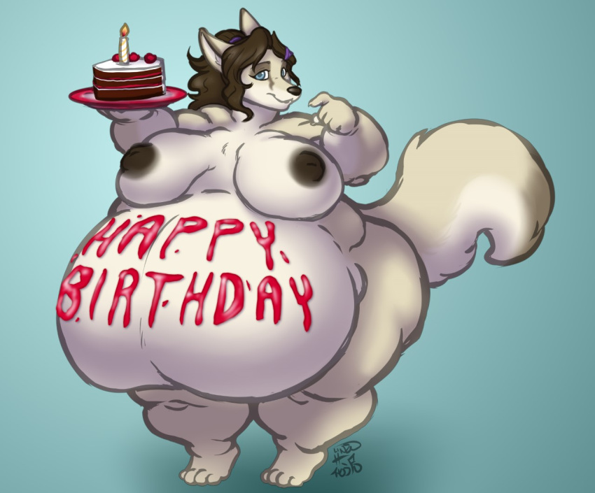 2023 anthro barefoot big_breasts biped blue_background breasts brown_hair cake canid canine dessert feet female food fox furry hair hanazawa holding_food holding_object mammal nude obese obese_anthro obese_female overweight overweight_anthro overweight_female plate simple_background solo standing