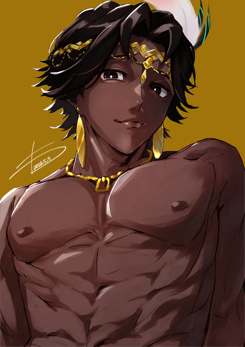 1boy absurdres black_hair dark-skinned_male dark_skin earrings fire_emblem fire_emblem_engage fogado_(fire_emblem) gold_circlet gold_earrings highres jewelry looking_at_viewer male male_only nintendo pectorals prince solo topless_male upper_body very_dark_skin wa_gamc