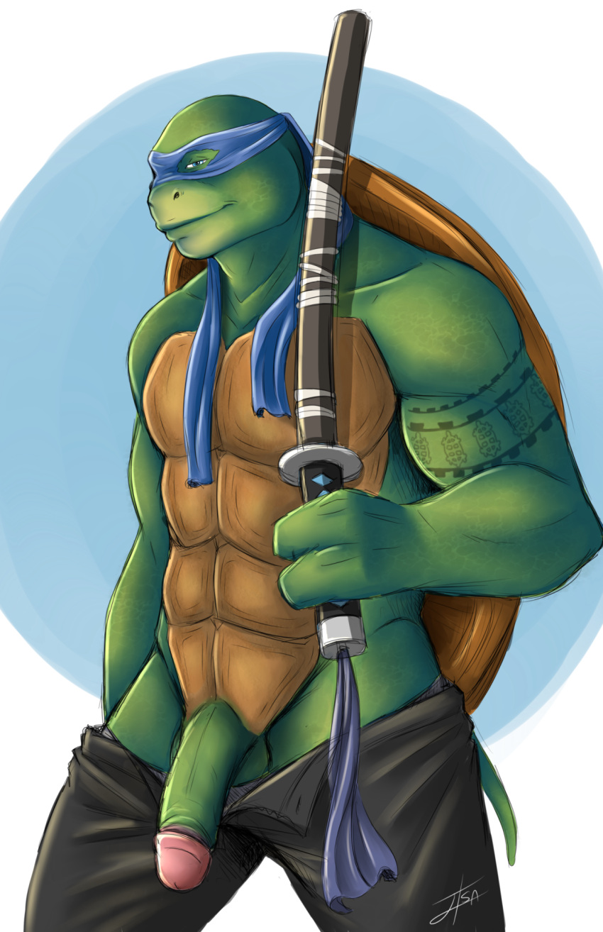 1boy 3_fingers anthro bakameganekko balls blue_background blue_eyes bottomwear clothed clothing digital_media_(artwork) fingers genitals green_body green_skin hi_res humanoid humanoid_genitalia humanoid_penis katana leonardo_(tmnt) looking_at_viewer male male_only mask melee_weapon muscular pants penis reptile scalie shell simple_background smile solo solo_male sword tail tattoo teenage_mutant_ninja_turtles teenage_mutant_ninja_turtles_(2014) turtle weapon white_background