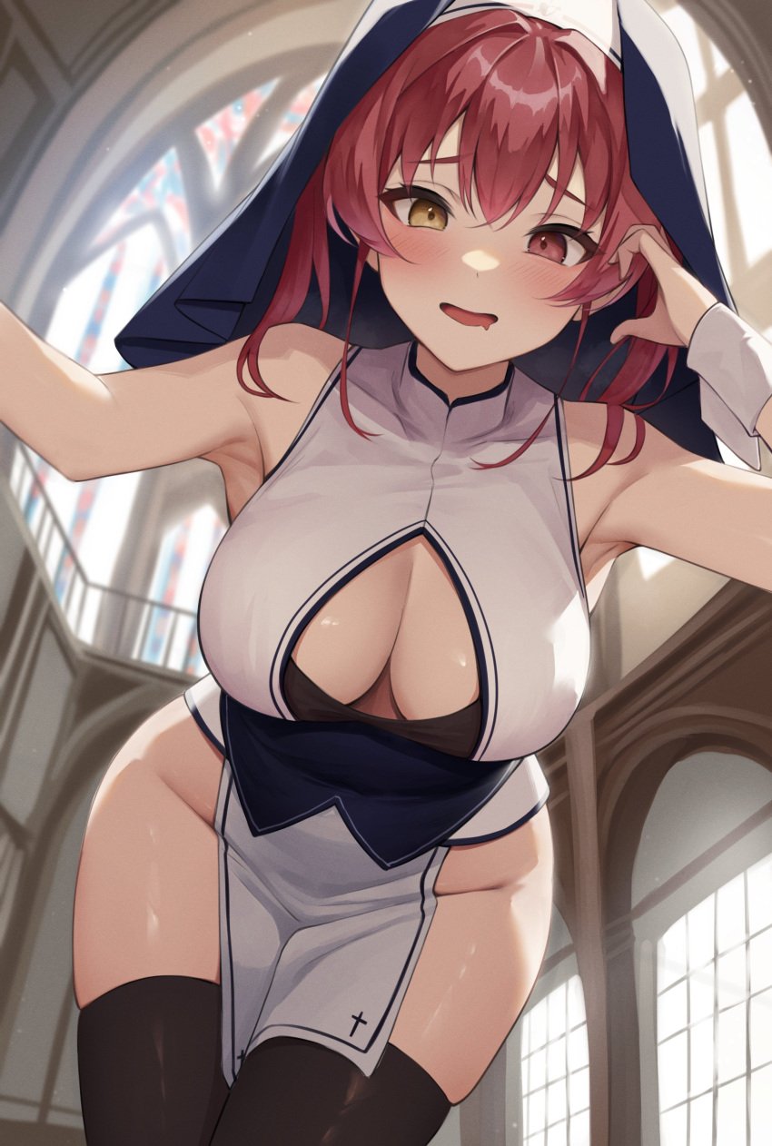 1girls armpits bare_shoulders black_thighhighs blush breasts cleavage cleavage_cutout habit hair_between_eyes heterochromia hololive hololive_fantasy hololive_japan houshou_marine large_breasts long_hair nekorone0222 nun open_mouth pelvic_curtain red_eyes red_hair solo thighs virtual_youtuber yellow_eyes