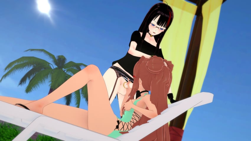 1boy 1girls 3d beach black_hair blowjob blue_eyes brown_hair choker doki_doki_literature_club fellatio female femboy femboy_on_female fondling_breast fondling_self garter_belt glasses goth grabbing_own_breast green_eyes handjob hellfish koikatsu laying_on_back long_hair monika_(doki_doki_literature_club) oc one-piece_swimsuit outside penis self_fondle stockings sucking_penis swimsuit