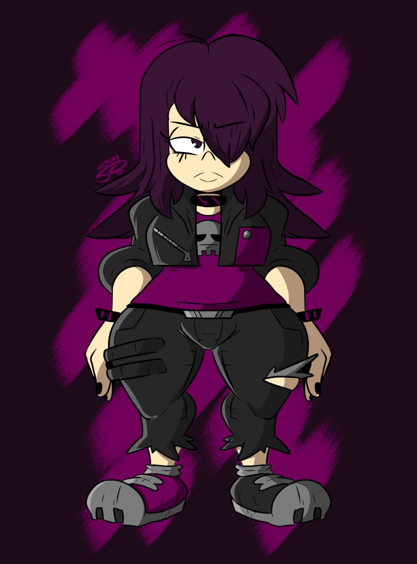 1girls 2021 female female_only goth goth_girl hips iris_zhang_(supahstudiomann) looking_at_viewer one_eye_covered original original_character punk punk_girl purple_eyes purple_hair shoes solarmannstudio solo supahstudiomann_(artist) thick_hips thick_thighs thighs thunder_thighs wide_hips