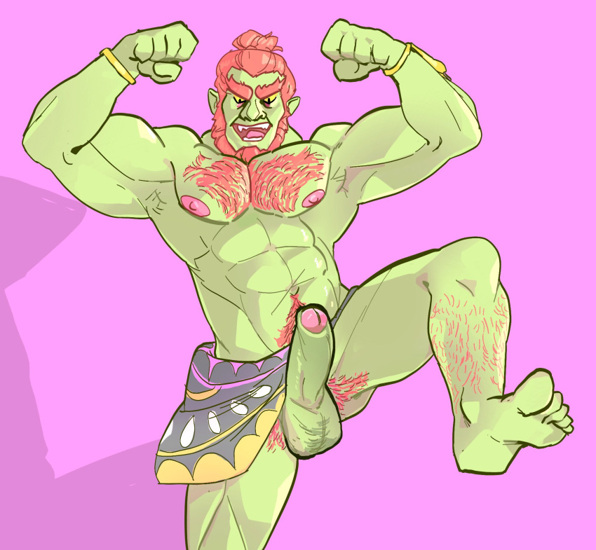 balls bara beard big_penis body_hair boner chest_hair erection facial_hair flexing ganondorf gerudo green_body green_skin male male_only muscles muscular nintendo penis pinkmustacheguy red_hair shirtless solo solo_male spread_legs the_legend_of_zelda