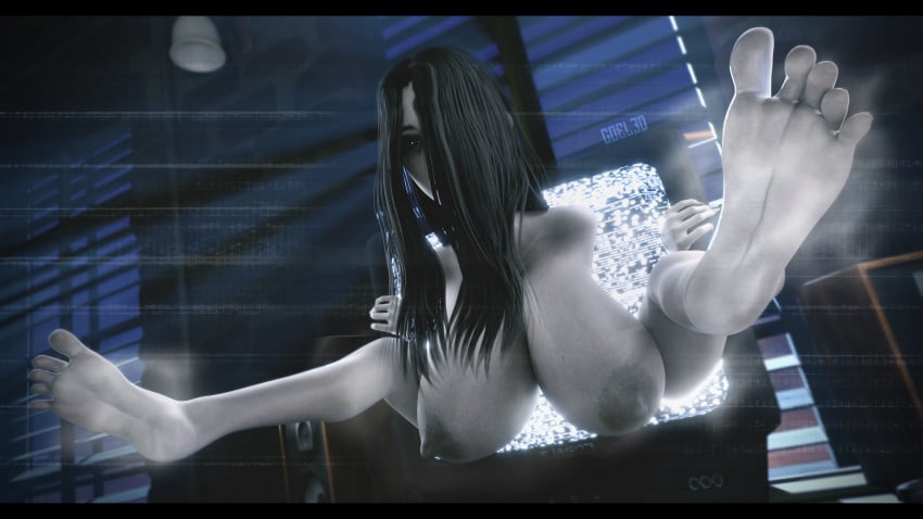 3d barefoot big_breasts black_hair breasts coel3d covering_eyes dark_skin feet feet_up female foot_fetish ghost_girl long_hair nipples onryo phasing phasing_through_tv soles solo spooky steam steamy_feet the_ring toes yamamura_sadako