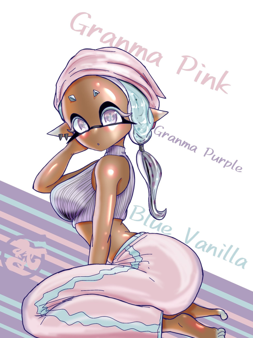 2023 arms_behind_back background black_eyeliner blue_hair breasts dark-skinned_female dark_skin deep_cut_(splatoon) ear_piercing eyelashes feet frye_(splatoon) full_body full_color headwear hi_res humanoid inkling looking_at_viewer mollusk_humanoid multicolored_hair pajama_pants pajamas pink_pajamas pointy_ears pose pseudo_hair purple_shirt sitting_on_leg splatoon splatoon_3 t2ukmyjm