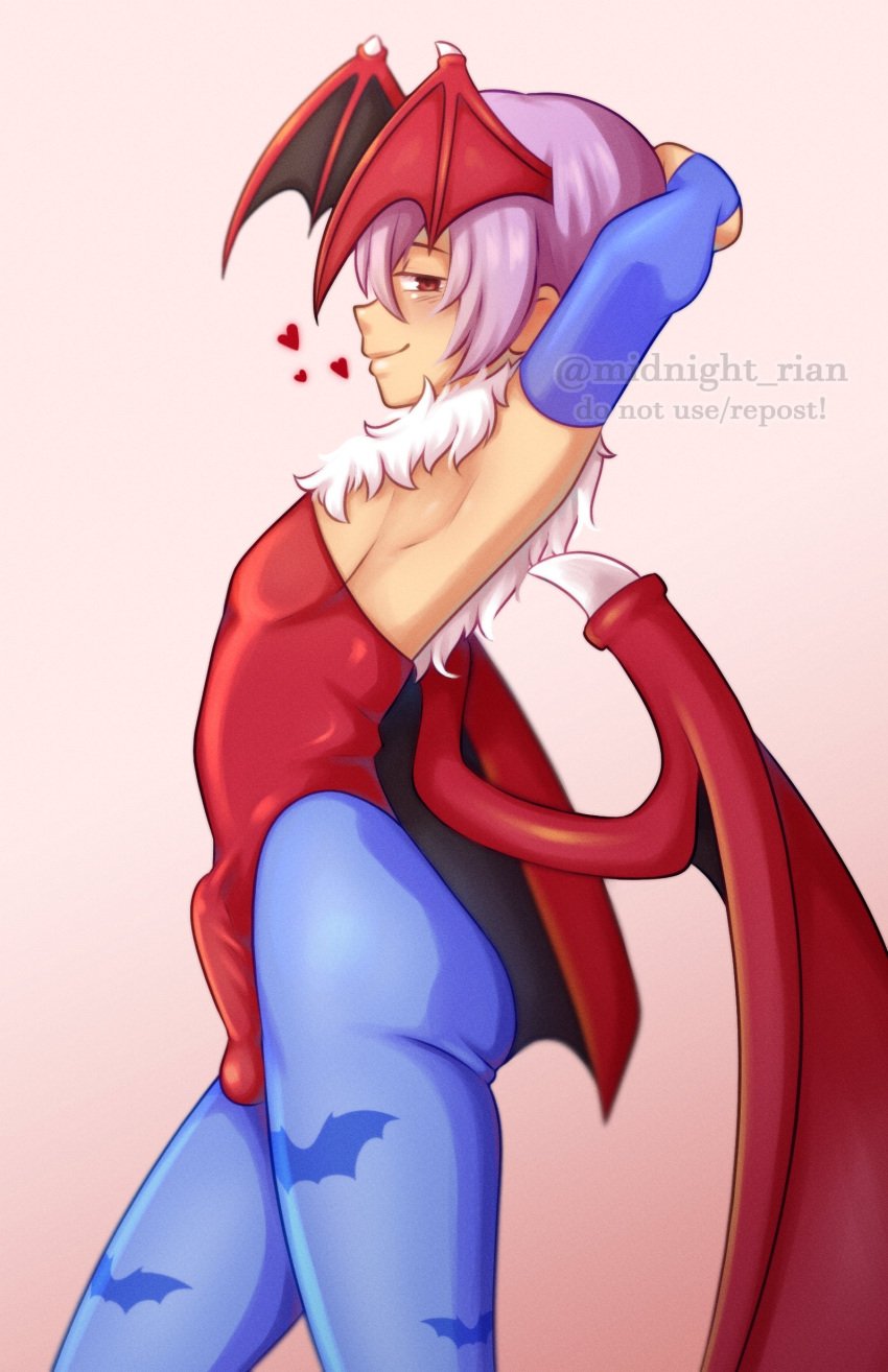 1boy 2023 armpits arms_behind_head ball_bulge bat_print blue_pantyhose bulge capcom clothing darkstalkers erection_under_clothes ftm_crossgender ftm_transformation gauntlets genderswap genderswap_(ftm) head_wings heart hi_res leotard lilith_aensland looking_at_viewer male male_only midnight_rian narrowed_eyes pantyhose penis_bulge pink_hair red_eyes rule_63 side_view smiling smiling_at_viewer solo succubus succubus_wings watermark wings