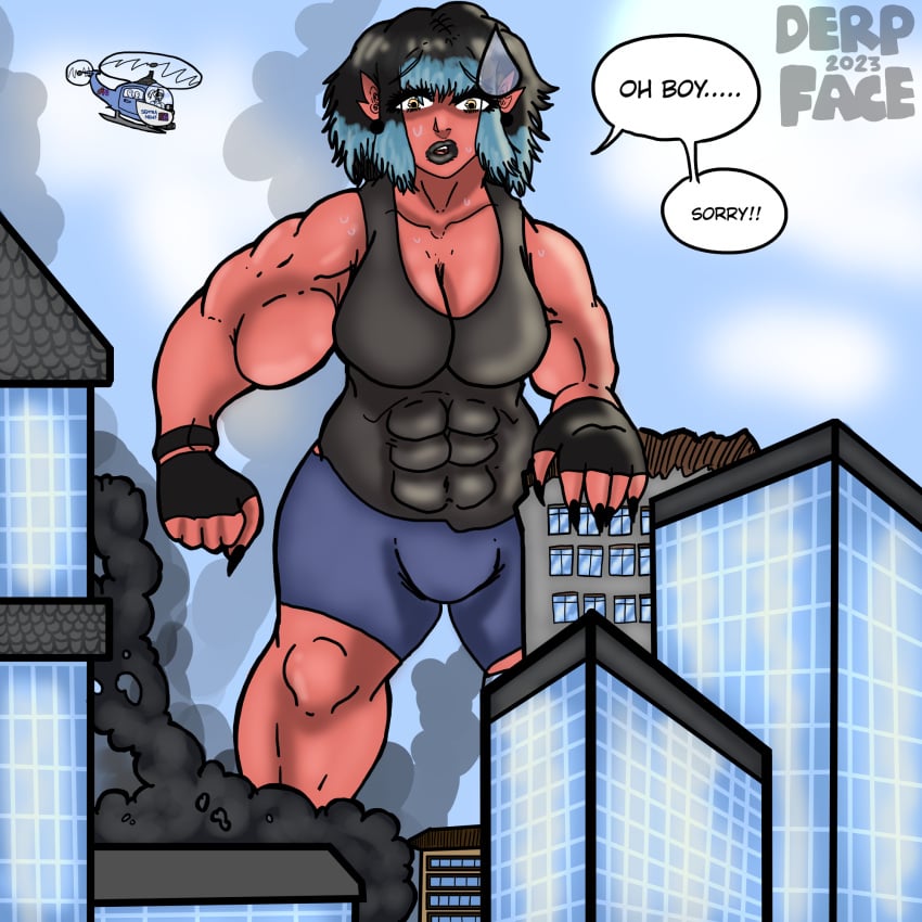 abdominals abs artist_upload biceps black_hair blue_hair blue_shorts city cityscape clouds dark_hair demon demon_futanari demoness demoness_futa derpfacensfw dyed_hair giant_futanari giant_person giant_size giantess giantess_futanari grey_vest helicopter karla_(derpfacensfw) muscular muscular_futa muscular_futanari nervous nervous_face original original_character red_skin red_skinned self_upload signature sky smoke smoke_cloud