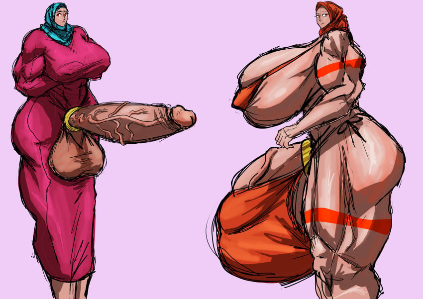 2futas aep127035 bodypaint cock_ring dress extreme_muscles futanari hijab huge_ass huge_breasts hyper_futa hyper_penis muscular_futanari string_bikini veiny_penis