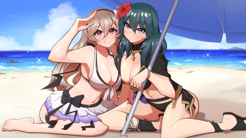 2023 2girls absurdres alternate_costume beach bikini black_bikini black_swimsuit blonde_hair blue_eyes blue_hair blush breast_press breasts byleth_(female)_(summer)_(fire_emblem) byleth_(fire_emblem) byleth_(fire_emblem)_(female) cape cleavage corrin_(female)_(summer)_(fire_emblem) corrin_(fire_emblem) corrin_(fire_emblem)_(female) female female_only fire_emblem fire_emblem:_three_houses fire_emblem_fates fire_emblem_heroes flower hair_between_eyes hair_flower highres large_breasts long_hair looking_at_viewer nintendo ocean official_alternate_costume osora_(judithandlilith) outdoors parasol red_eyes sand sandals sea swimwear tassel white_bikini white_swimsuit