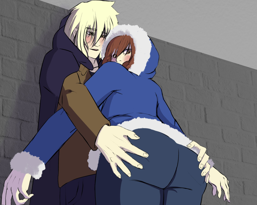 1boy 1girls ass_grab back_view blonde_hair blush braid brown_eyes brown_hair cloak coat draga_(eddj) el_diario_de_jonathan female freckles fur_trim jepo jonathan_almendair looking_back male scar scar_on_cheek twin_braids yellow_eyes