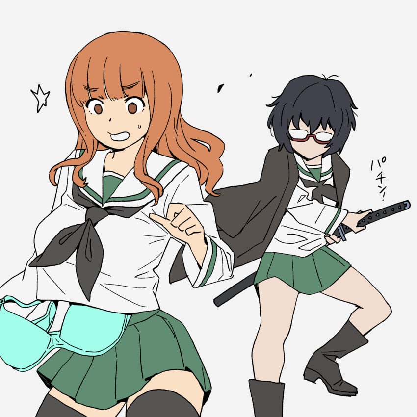 2girls aqua_bra black_bow black_thighhighs bow bra bra_removed bra_unclipped breasts funny girls_und_panzer glasses green_skin katana onsen_tamago_(hs_egg) orange_hair oryou_(girls_und_panzer) school_uniform shocked_expression skirt surprised sword takebe_saori thighhighs undone_bra unfastened wardrobe_malfunction