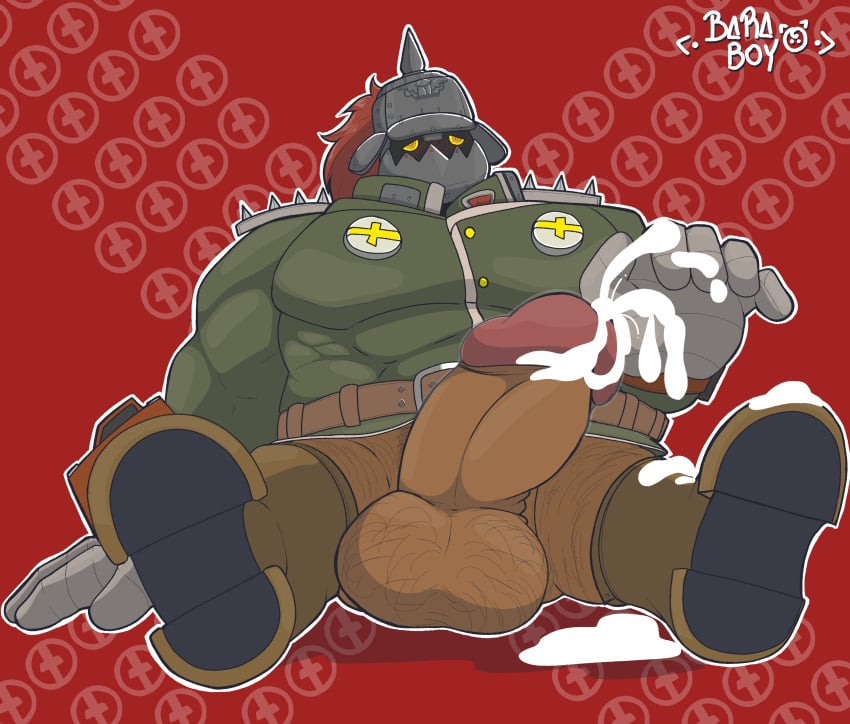 balls bara baraboy big_balls big_penis boner clothing cum erection guilty_gear helmet male male_only muscles muscular orgasm pantsless penis potemkin sitting solo solo_male