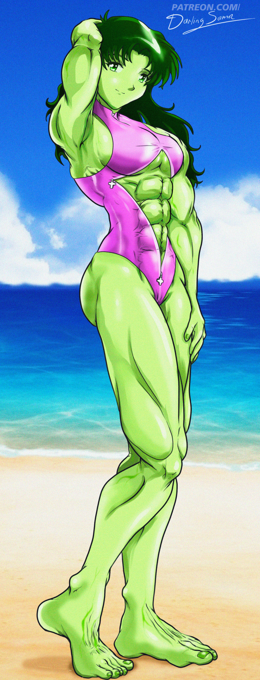 1girls abs beach big_ass big_breasts darling-sama female female_only green_hair green_skin huge_breasts hulked_out large_breasts legs leotard midriff misato_katsuragi muscles muscular muscular_female muscular_legs muscular_thighs neon_genesis_evangelion skimpy_swimwear solo swimsuit thick_thighs thighs