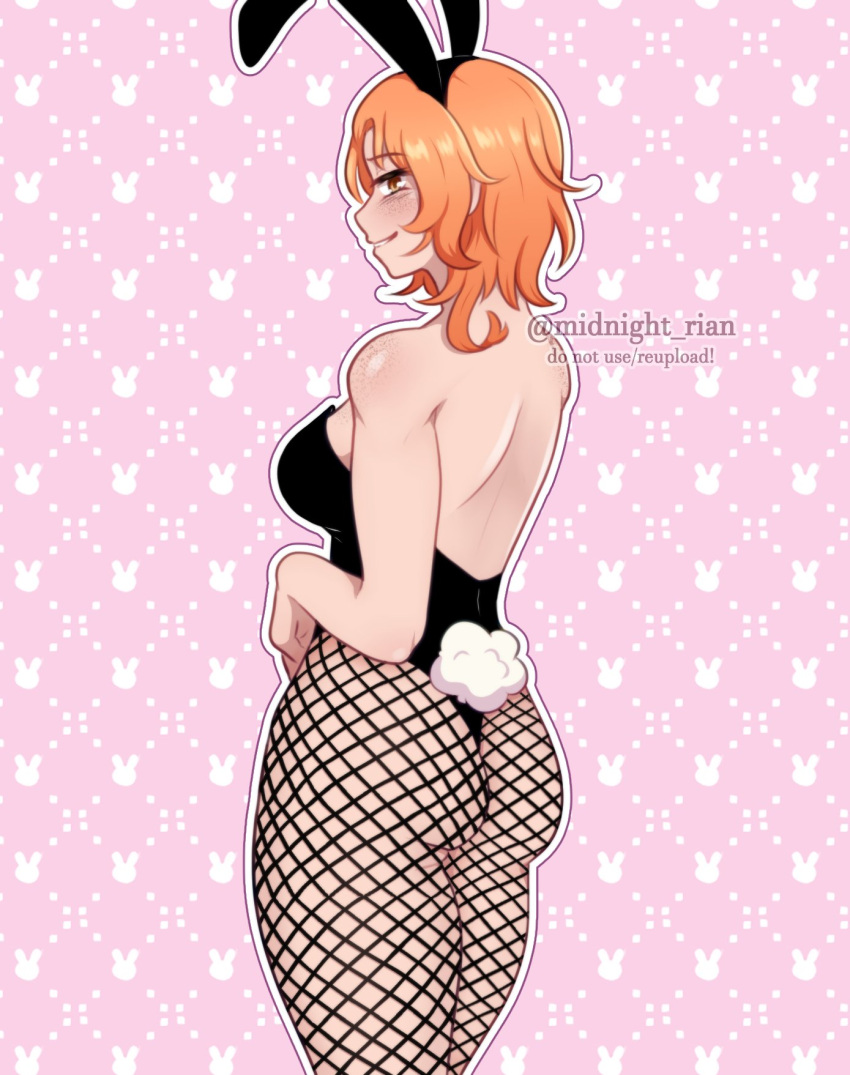 1boy 2023 ass bunny_ears bunny_tail bunnysuit commission female fishnet_pantyhose fishnets freckles freckles_on_shoulders hi_res looking_at_viewer midnight_rian orange_eyes orange_hair smiling smiling_at_viewer solo thick_thighs watermark