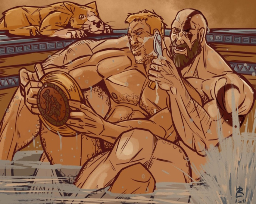 bara bath bathing god_of_war kratos male_only muscular_male nude rickleone shaving washing