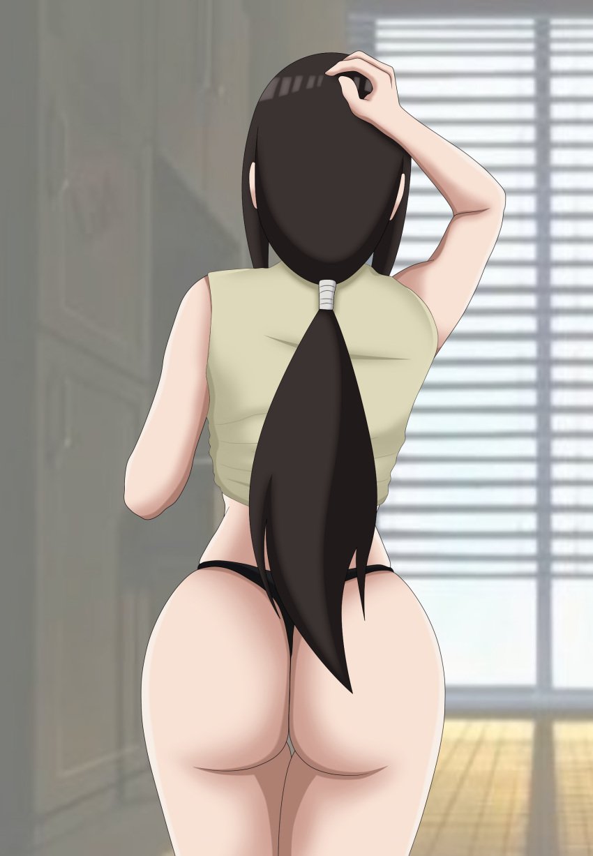 1girls ass ass_focus bedroom big_ass boruto:_naruto_next_generations bottomless bottomless_female criquet dark_hair faceless_female facing_away female female_only from_behind g-string hyuuga_hanabi indoors legs_together light-skinned_female light_eyes light_skin long_hair naruto naruto_(series) panties ponytail rear_view solo straight_hair tank_top thong tied_hair underwear very_long_hair white_eyes