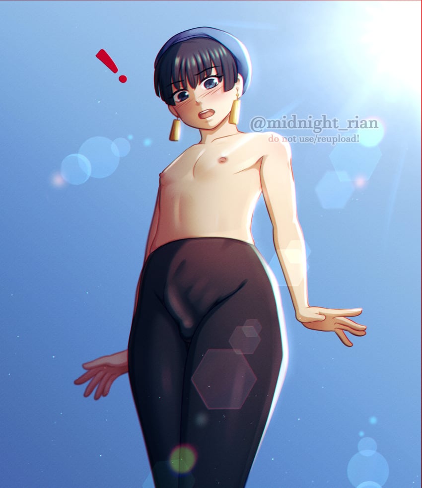 ! 1boy 2023 black_hair blue_eyes blush bulge earrings headwear light_rays looking_at_viewer male male_only meryl_stryfe midnight_rian pantyhose penis_bulge rule_63 shocked shocked_expression solo topless trigun trigun_stampede very_high_resolution viewed_from_below watermark