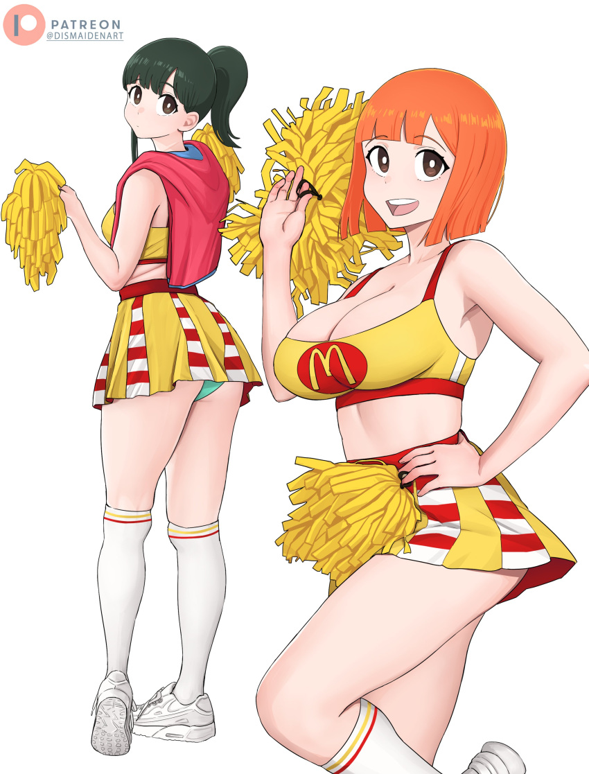 2girls absurdres adult age_difference black_hair breasts brown_eyes cheerleader cleavage crop_top crop_top_overhang dismaiden female female_only full_body girlfriend_(japanese_mcdonald's_commercial) green_panties highres holding holding_pom_poms human kneehighs large_breasts mcdonald's midriff milf miniskirt mom_(japanese_mcdonald's_commercial) multiple_girls older_female orange_hair panties pleated_skirt pom_pom_(cheerleading) pom_poms revealing_clothes simple_background skirt sleeveless socks standing teenager underwear white_background white_footwear white_socks yoru_mac younger_female