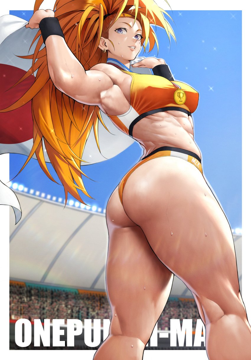 1girls abs absurd_res armpits ass ass_focus bare_legs blurry_background breasts captain_mizuki earrings hi_res huge_ass long_hair looking_back looking_down muscular muscular_female one-punch_man orange_hair parted_lips ponytail purple_eyes redrawn smile solo_focus standing sweat thick_thighs yoshi55level