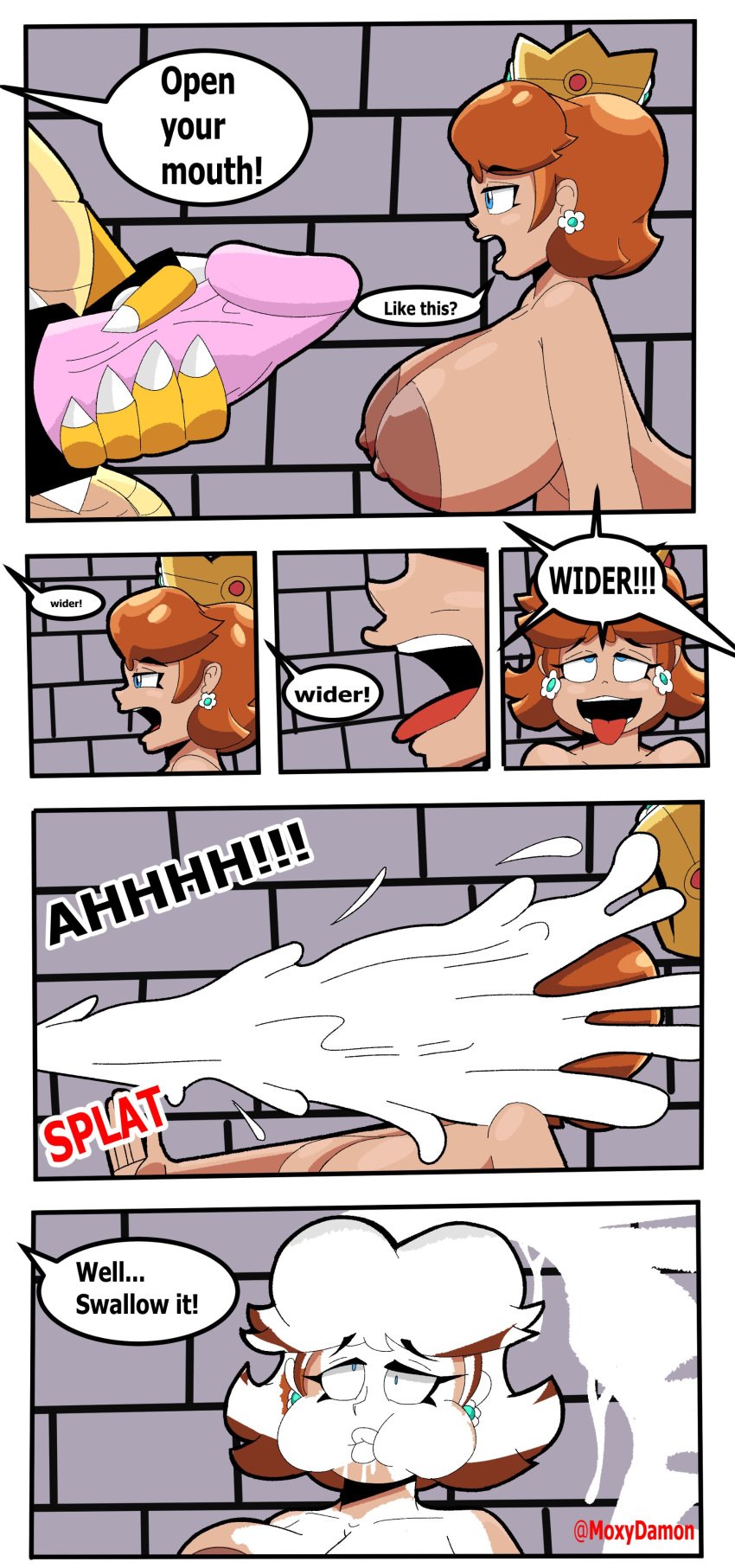 ahe_gao big_breasts big_penis bowser breasts breasts_out brown_hair claws cock_ring comic cum cum_on_body cum_on_upper_body cumming_in_mouth cumming_on_face dizzy excessive_cum facial female hair huge_breasts huge_cock human mario_(series) mouth_full_of_cum mouthful moxydamon nintendo nude oral penis princess_daisy scalie speech_bubble swallowing_cum tongue tongue_out