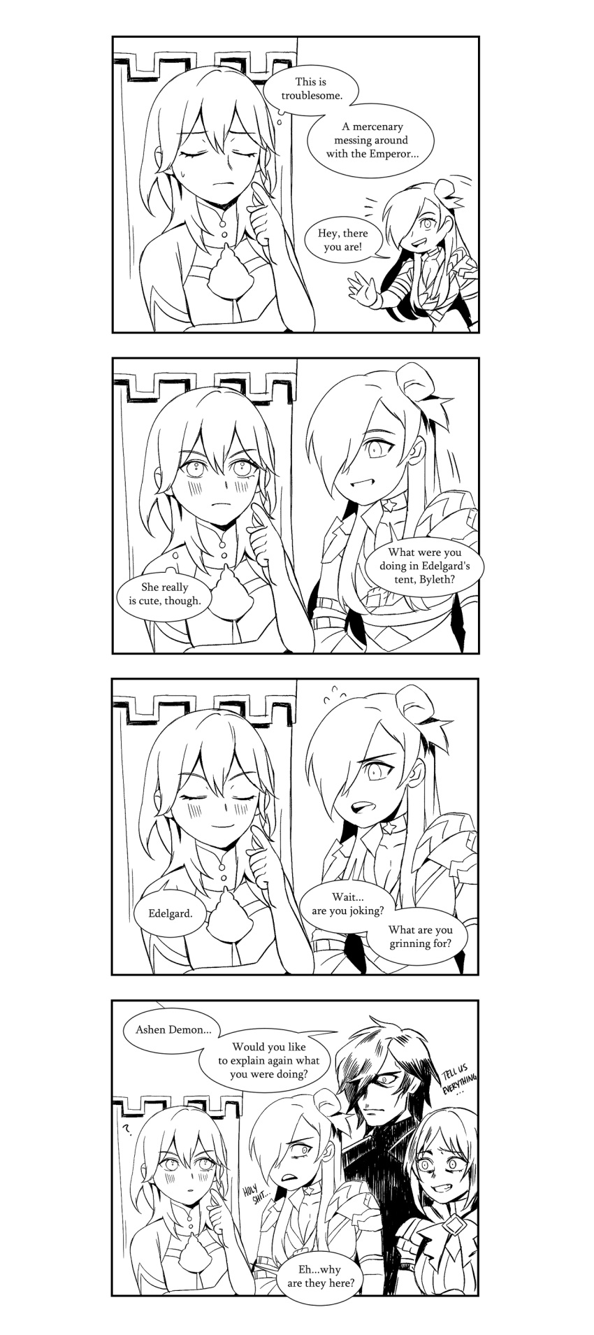 4koma ? after_sex alternate_costume alternate_hairstyle angry big_eyes black_and_white blush blush_lines byleth_(fire_emblem) byleth_(fire_emblem)_(female) english_text fire_emblem fire_emblem:_three_houses fire_emblem_warriors:_three_hopes funny grin hubert_von_vestra monica_von_ochs more_at_source multiple_girls nintendo official_alternate_costume official_alternate_hairstyle radiostarkiller shez_(female)_(fire_emblem) shez_(fire_emblem) story_at_source text worried yuri